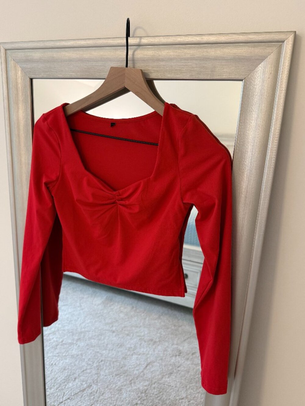 Trendy Queen Red long Sleeve Ruched Bust Cropped Top Size XS